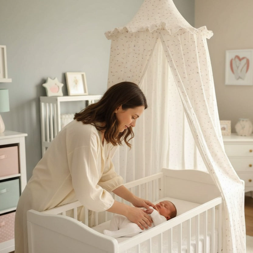 maman pose bébé dans berceau avec ciel de lit bebe coton premium