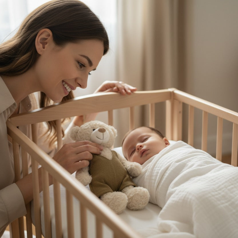 maman pose dans berceau doudou ours - tout doux