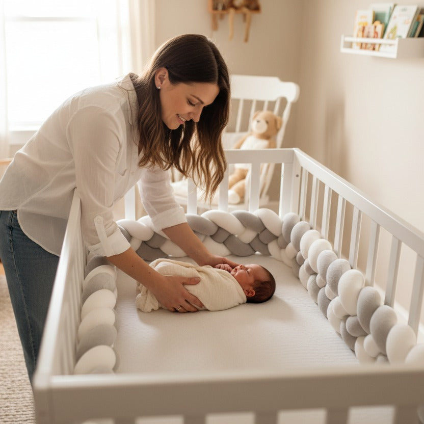 maman pose son bébé dans berceau avec tresse de lit bébé cozyknot blanc gris