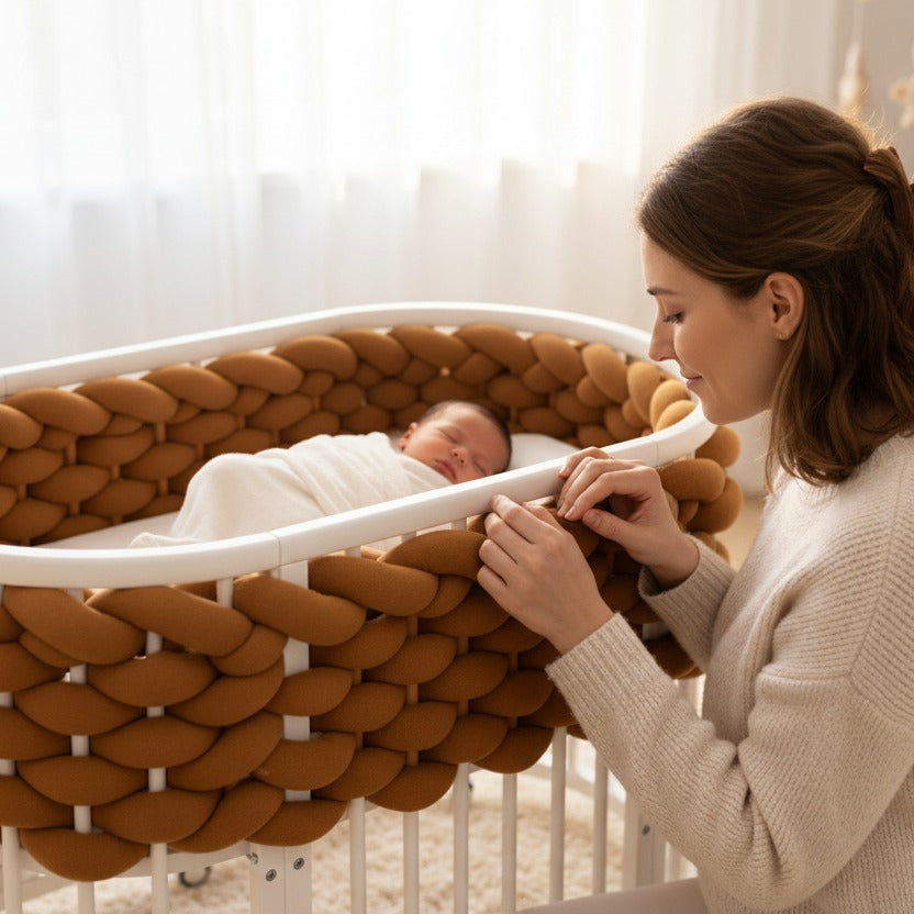maman regarde bébé dormir dans berceau tresse de lit 5m Coton Protection Douce