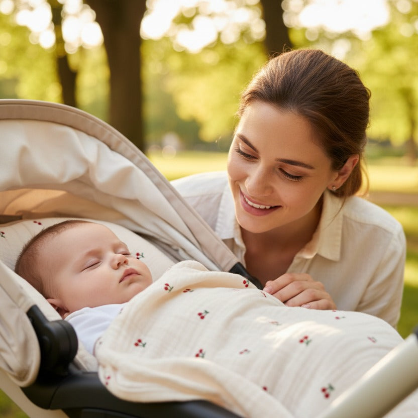 maman regarde bébé dort dans poussette avec couverture bebe douce Plume Coton