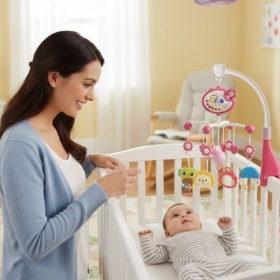 Maman regarde son bébé dans berceau avec mobile musical bébé -Apaisant