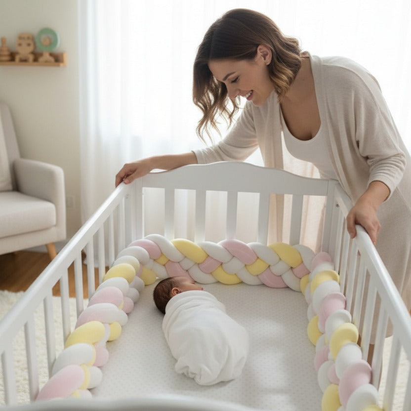 maman regarde tendrement bébé dormir dans berceau avec tresse de lit bébé cozyknot rose jaune