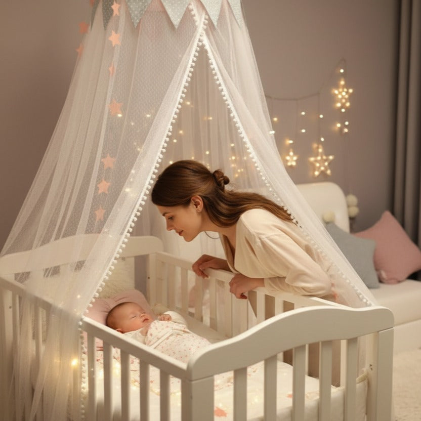 maman regarde tendrement bébé dormir sous ciel de lit bébé rose Cocon Nordique