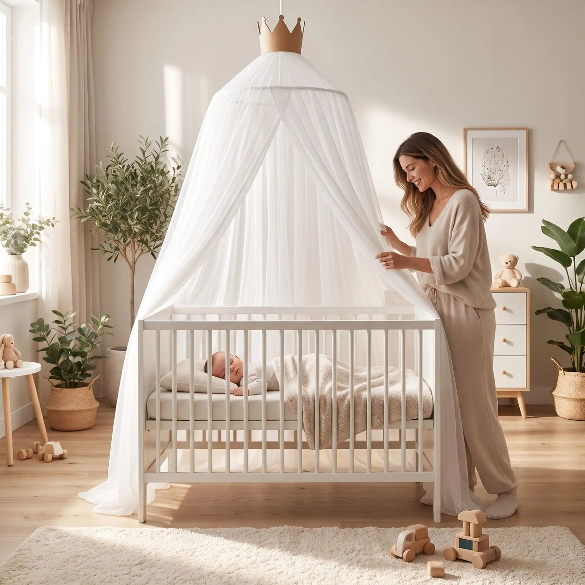maman souriante ajuste lit bebe voile blanc Cocon Rêveur