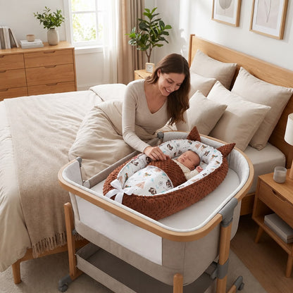 maman souriante couvre bébé dormir dans reducteur cododo cocoon