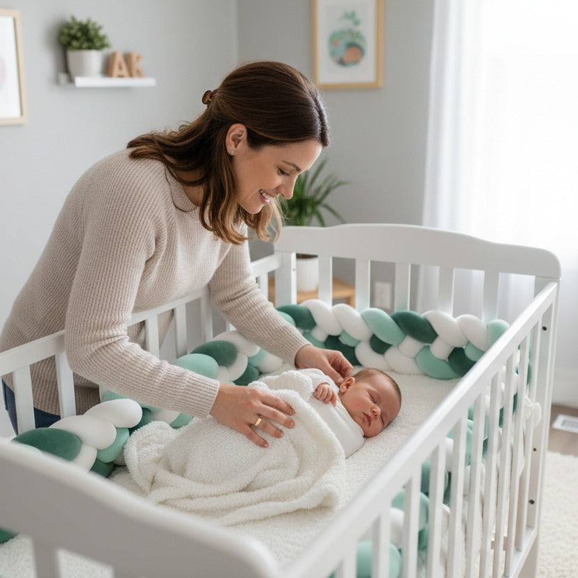 maman souriante pose bébé berceau tresse de lit vert sauge blanc cocon protecteur