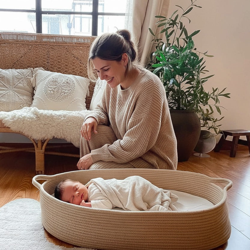 maman souriante regardent nouveau né dans couffin bébé coton naturel