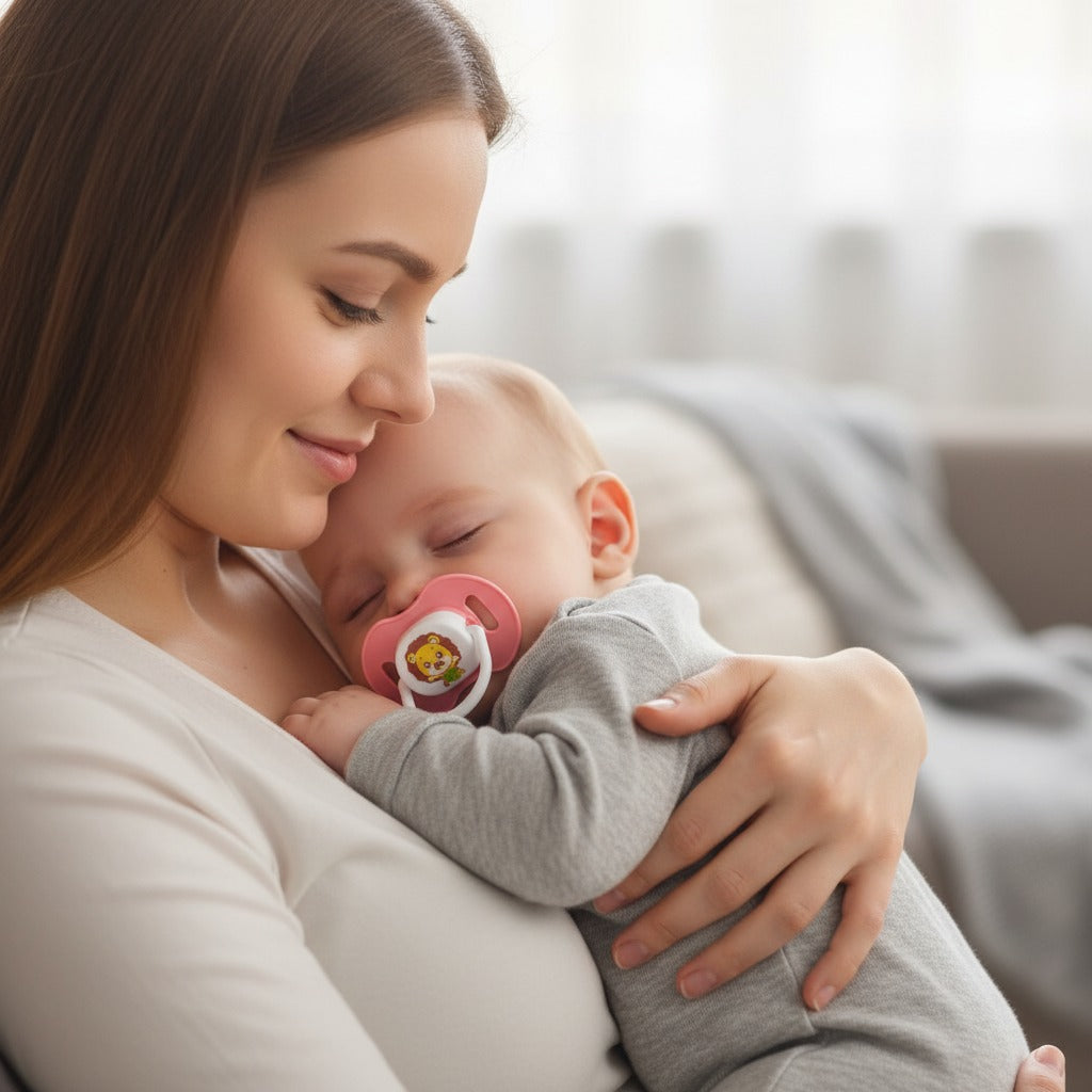maman tenant bébé dans ses bras Sucette pour bebe verte Tendres Compagnons