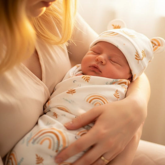 maman tient bébé avec couverture pour emmaillotage arc en ciel tendresse enveloppée