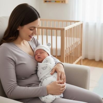 Maman tient bébé dans Couverture emmaillotage coton Douce Sérénité