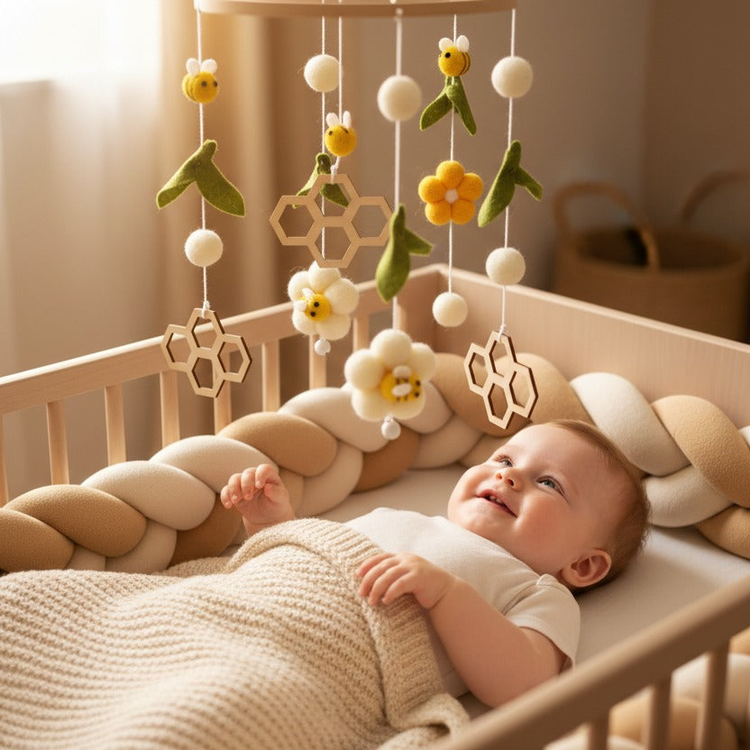 mobile bébé éveil en douceur artisanal bois feutrine