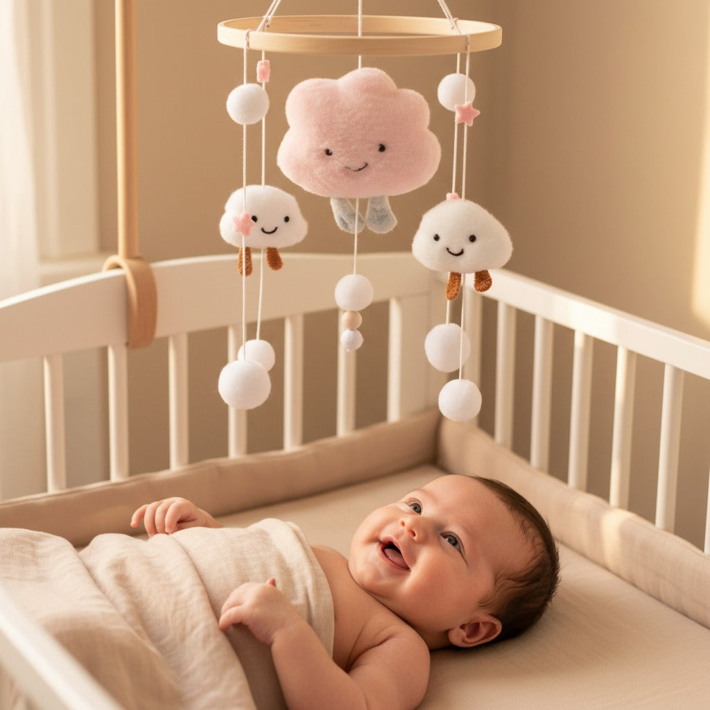 mobile bébé eveil en douceur nuages souriants