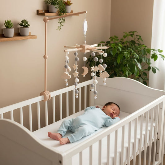 mobile bébé gris avec support Planètes Éveil Paisible