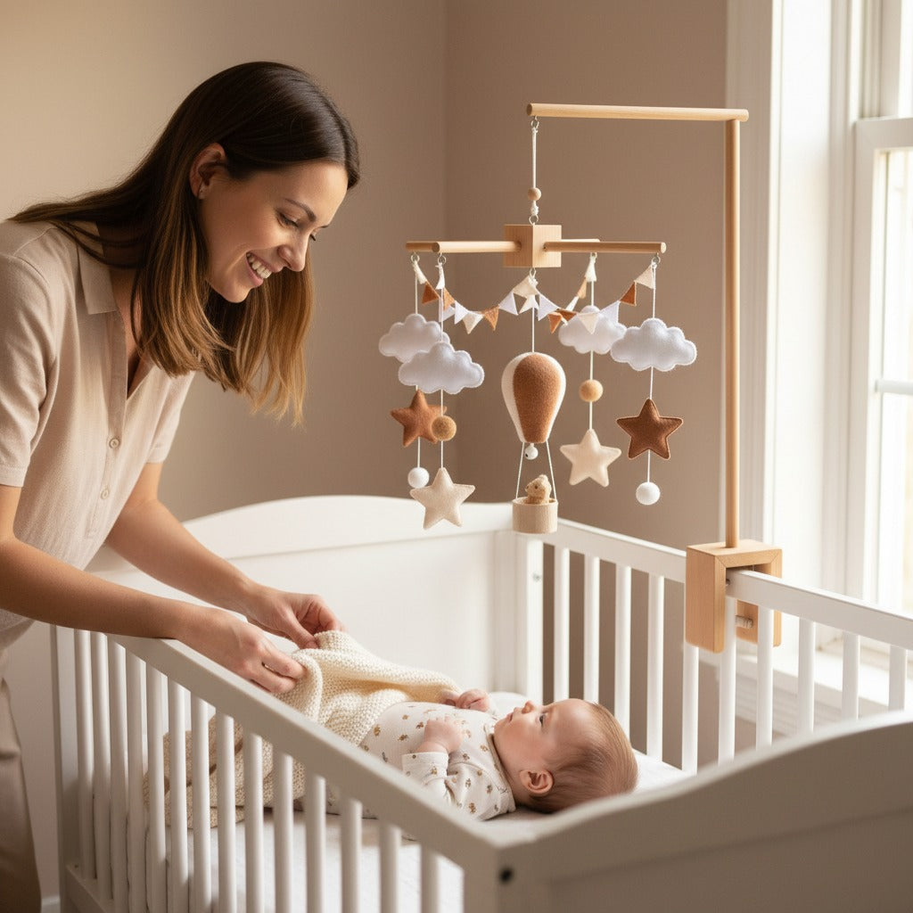 mobile bebe montgolfière avec nuages et étoiles - douceur apaisante