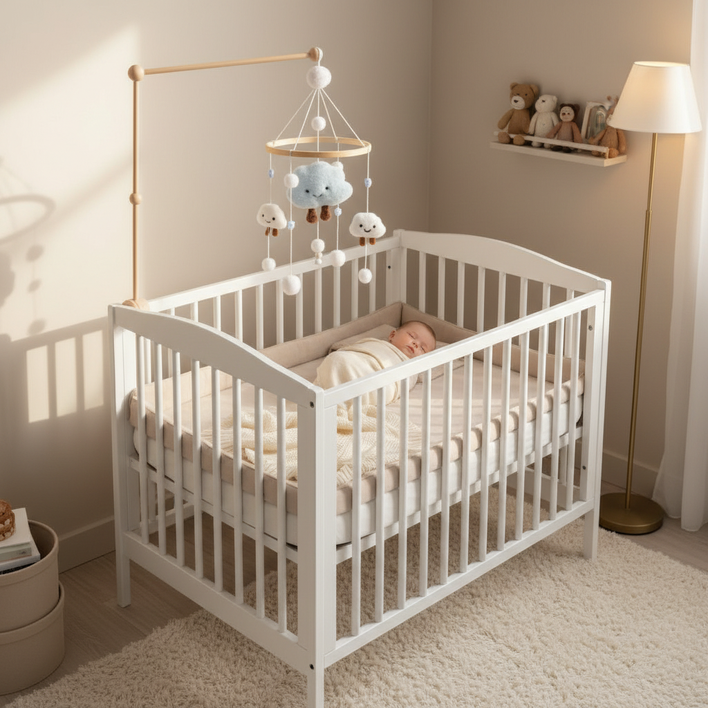 mobile bébé nuages avec support bois sur berceau artisanal bois naturel