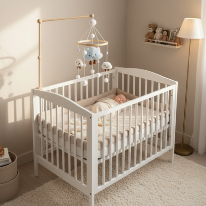 mobile bébé nuages avec support bois sur berceau artisanal bois naturel