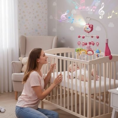 Mobile musical bébé accroché sur un berceau maman regarde son bébé-Apaisant  