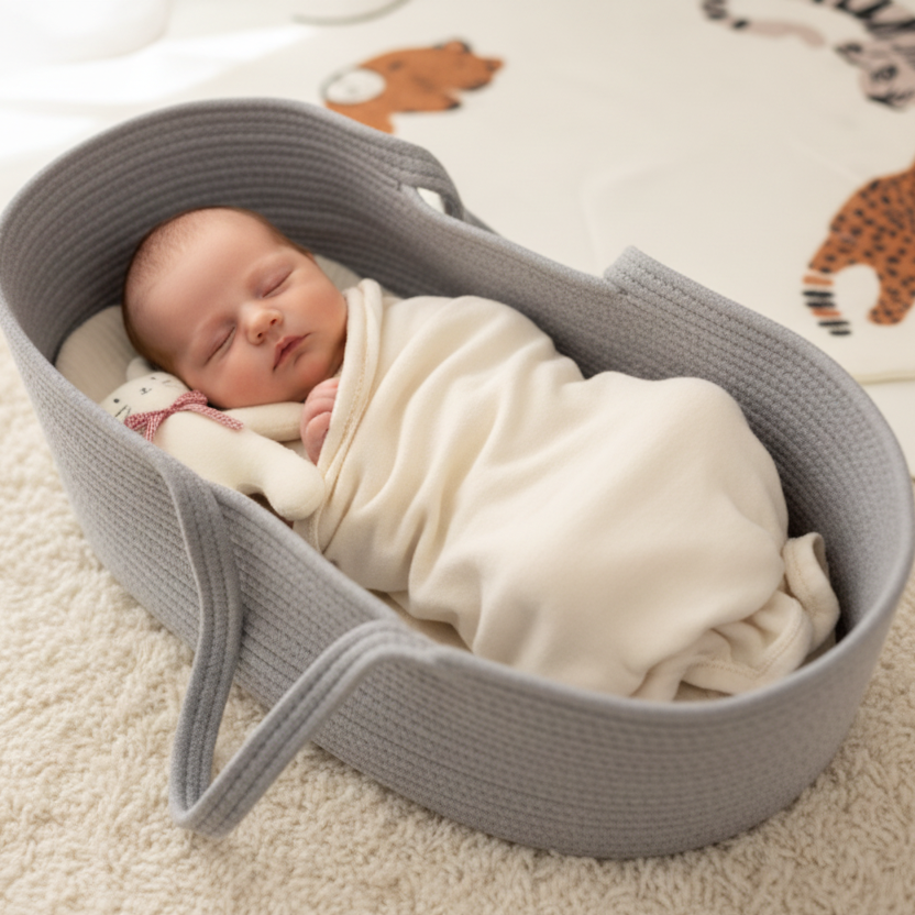 nouveau né dans couffin pour bebe coton gris