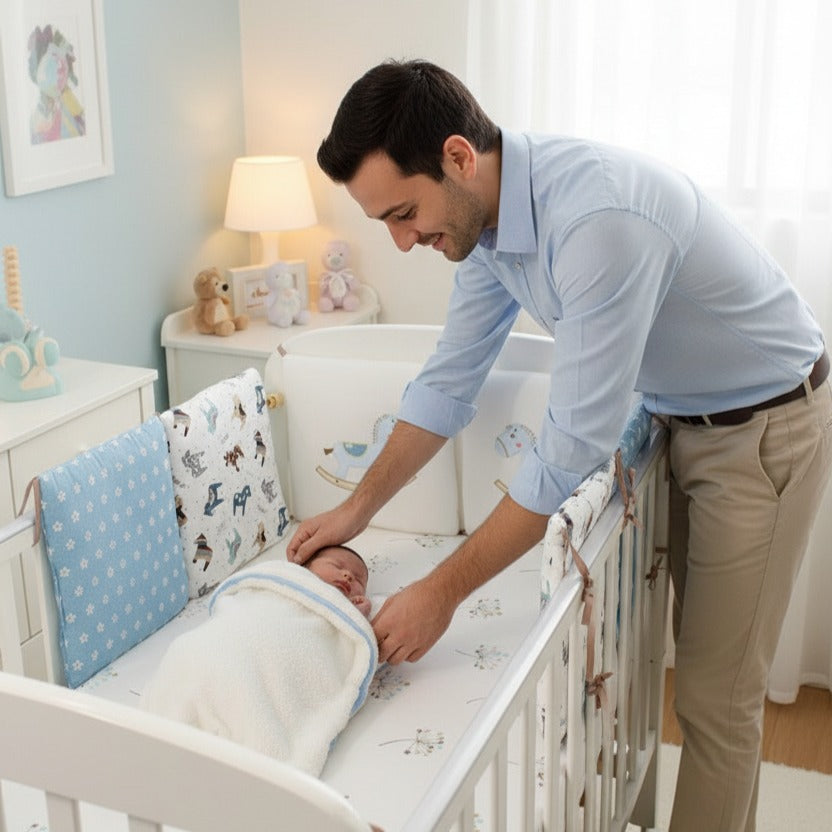 papa couvre bébé dans berceau avec Tour de lit bébé CHEVAL Cocooning