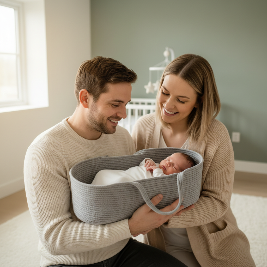 papa et maman avec couffin pour bebe sommeil paisible Coton Gris