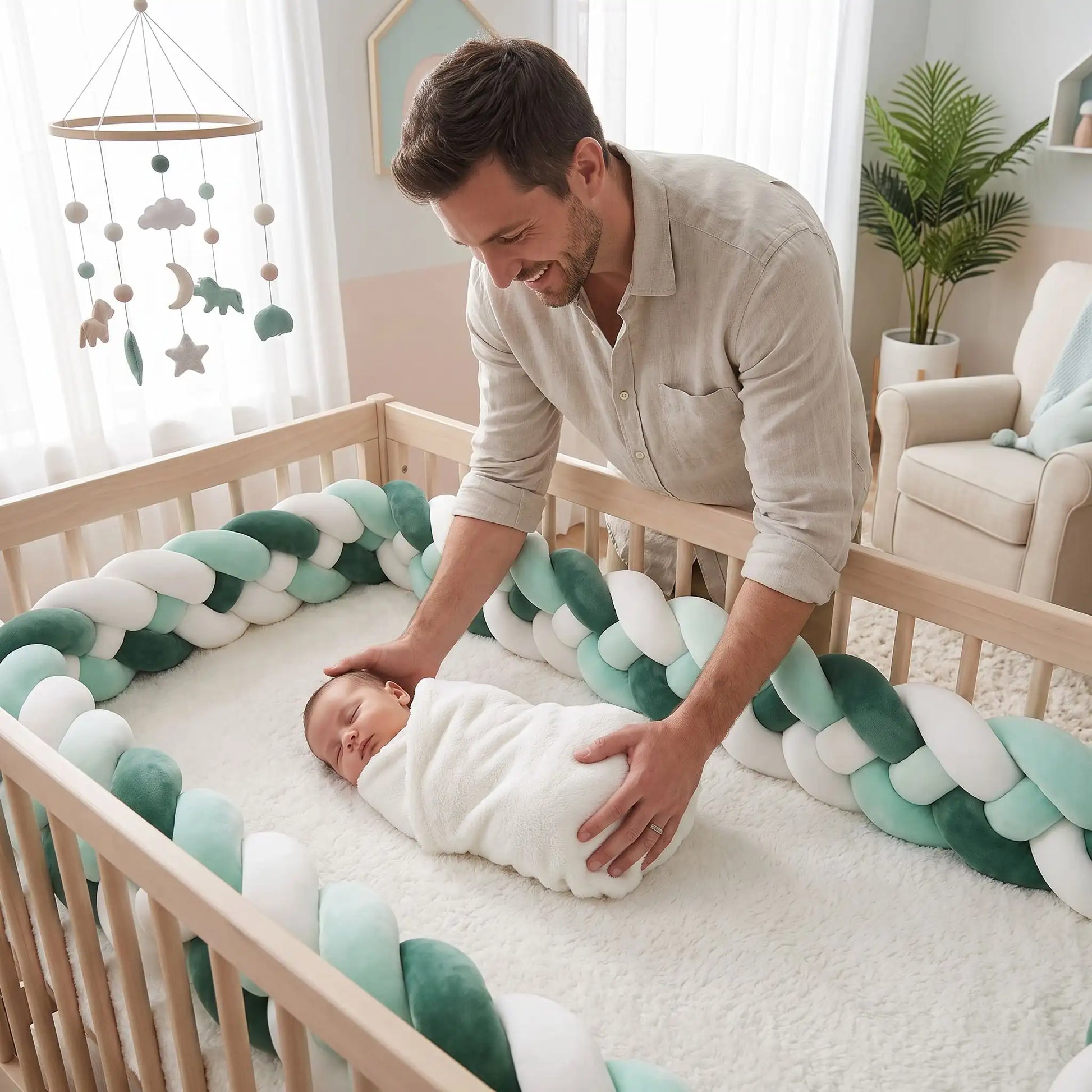 papa pose bébé dans berceau avec tresse de lit vert sauge cocon protecteur