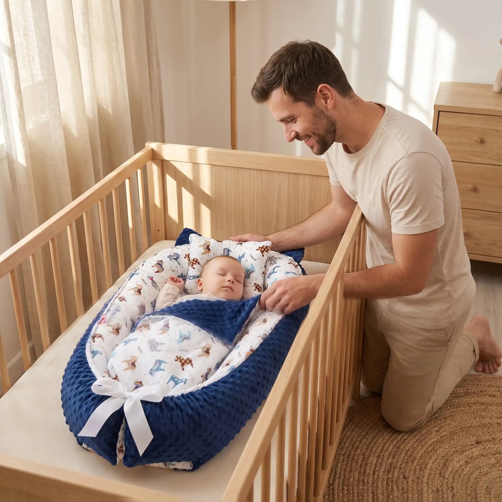 papa souriant couvre bébé dans réducteur de lit bebe cocon serein