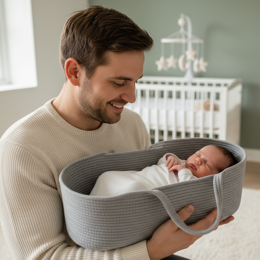 papa souriant porte couffin pour bebe dans chambre coton Gris