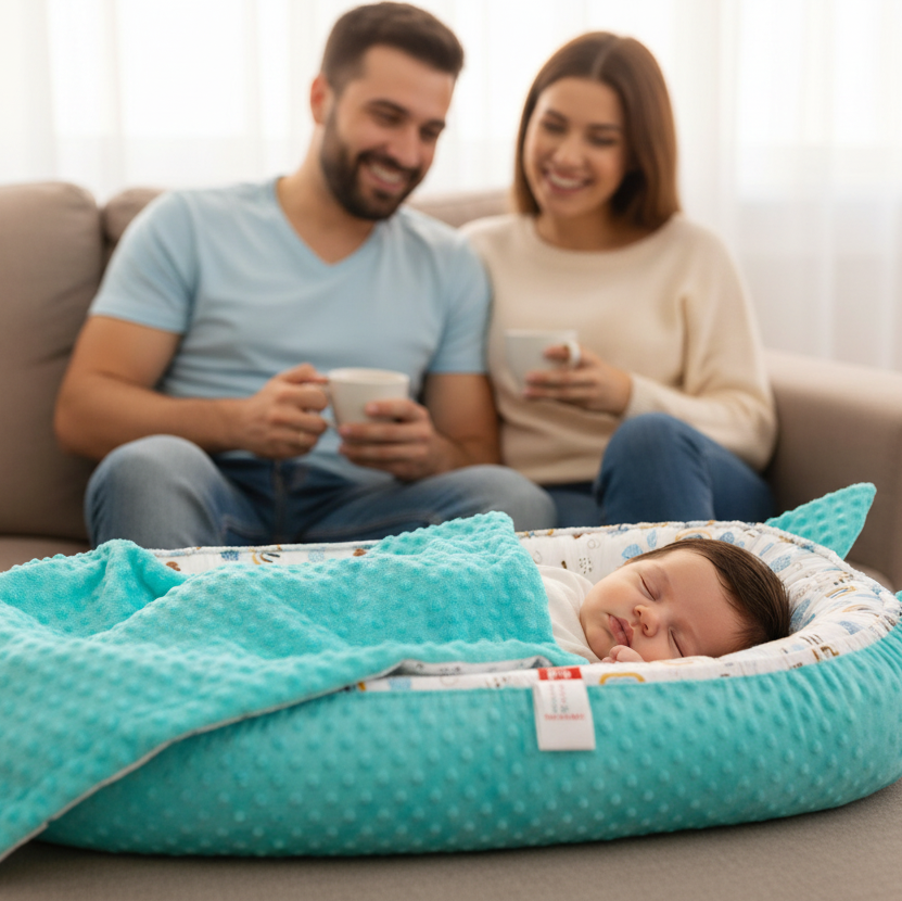 parents regardent bébé dort sereinement dans réducteur de lit bébé minky turquoise