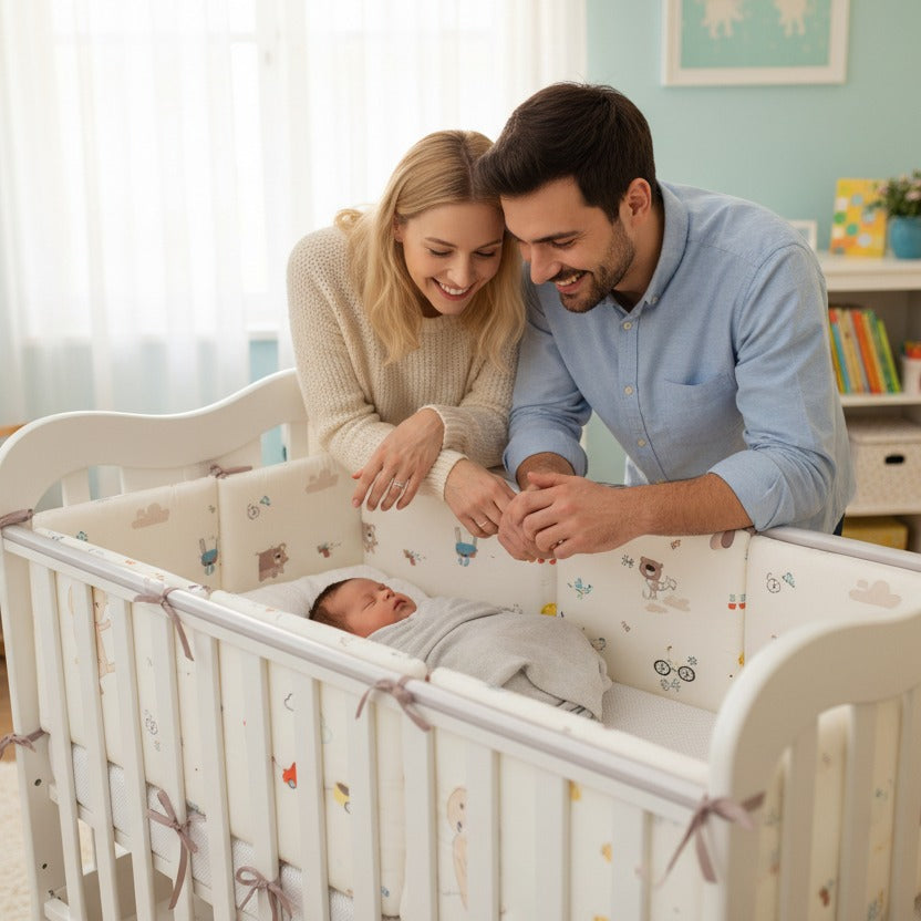 parents souriants regardenet bébé dormir dans berceau avec Tour de lit bébé OURS Coton Bio Sécurité
