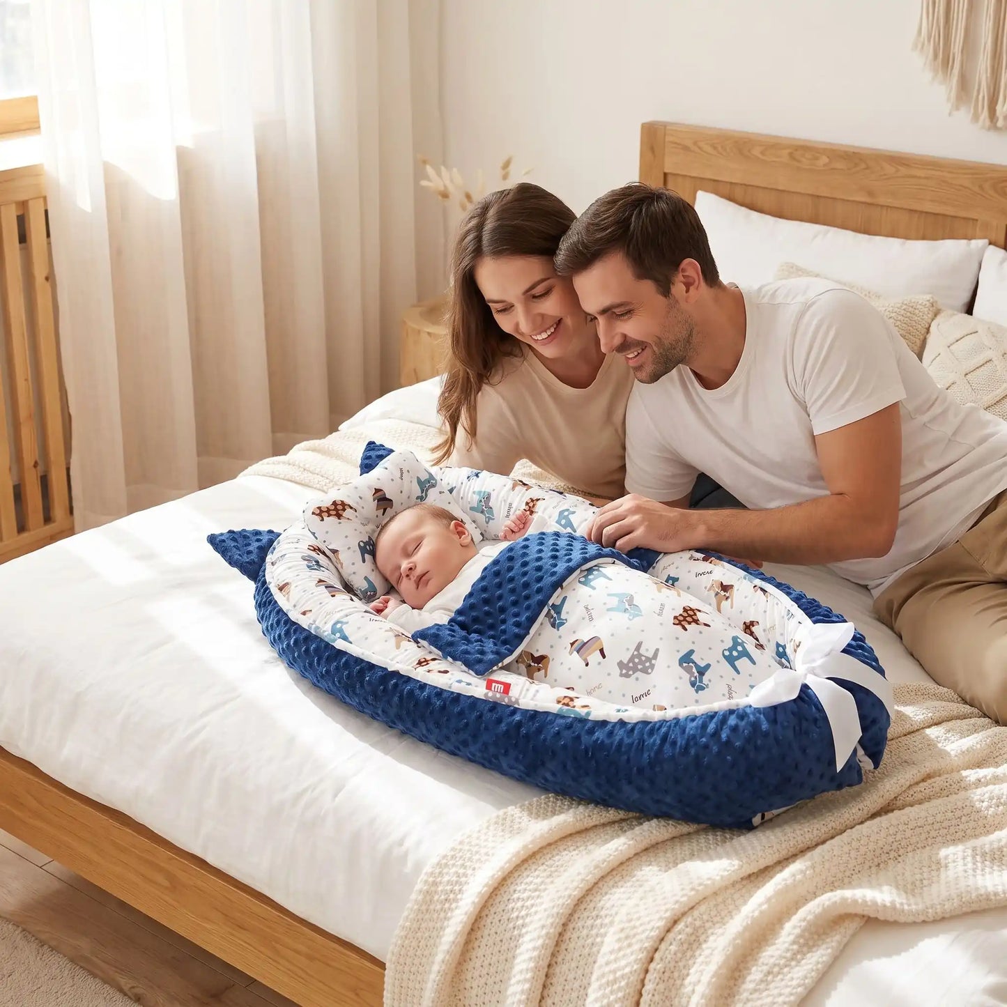 parents souriants regardent bébé réducteur de lit bebe cocon serein