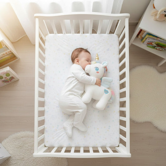 peluche licorne avec bébé dans berceau sommeil paisible - Étoilune Magique