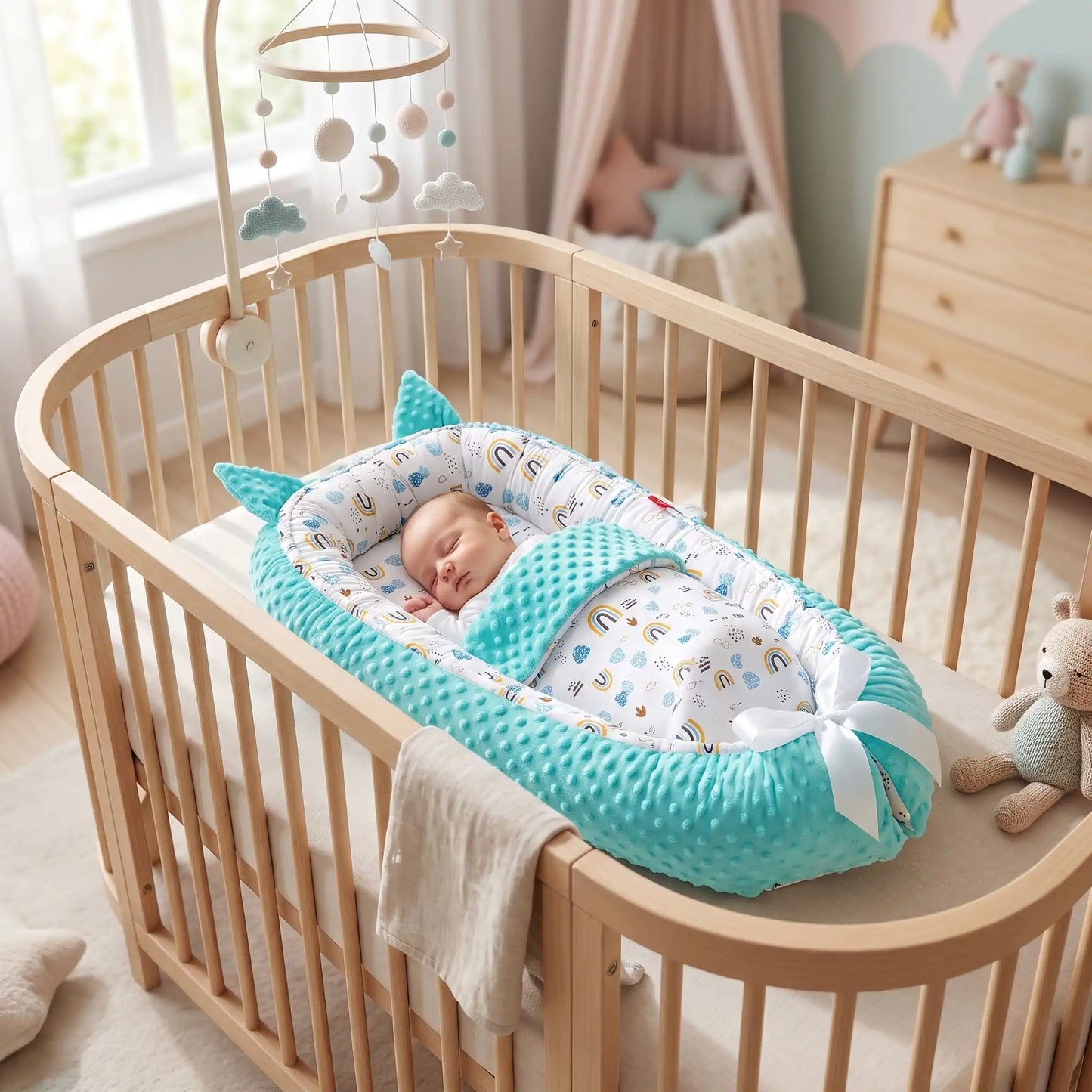 réducteur de lit bébé sommeil serein minky turquoise
