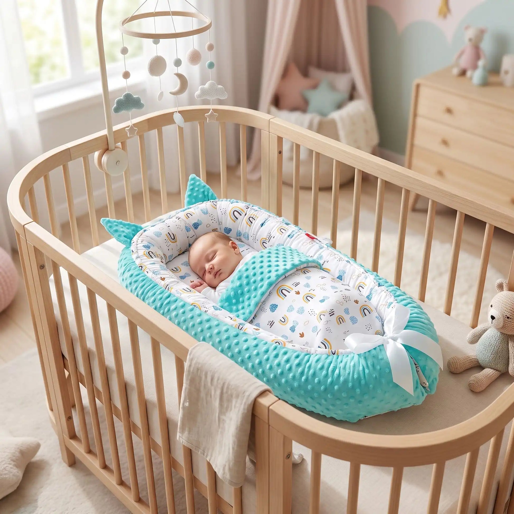 réducteur de lit bébé sommeil serein minky turquoise