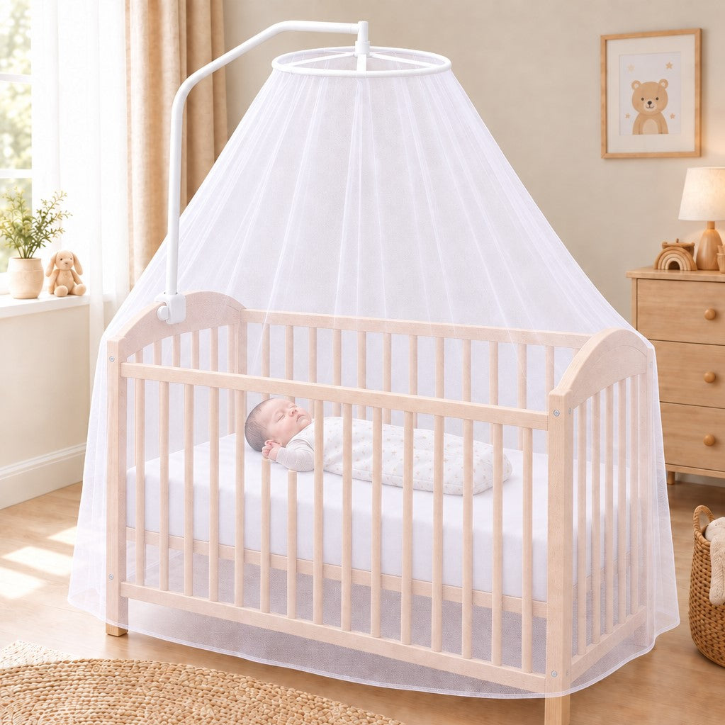 support ciel de lit bébé avec moustiquaire blanche sommeil paisible stable réglable