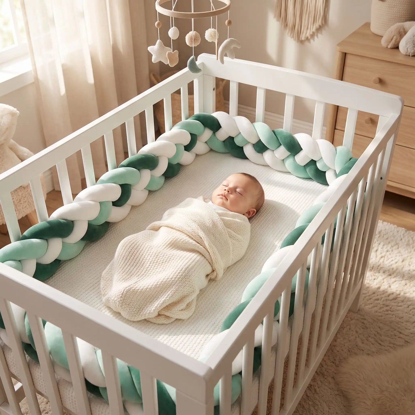tresse de lit vert sauge blanc sommeil serein cocon protecteur