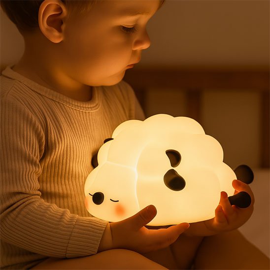 Veilleuse bébé agneau allongé compacte - Lumière rassurante