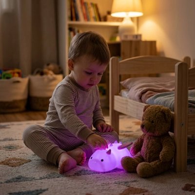 Veilleuse dinosaure avec bébé assit sur tapis - Douce et Apaisante