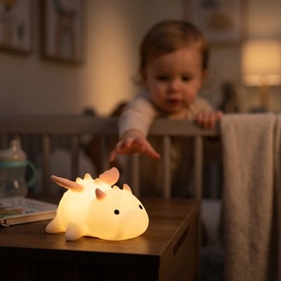 Veilleuse dinosaure bébé en silicone sur table , bébé dans berceau - Douce et Apaisante