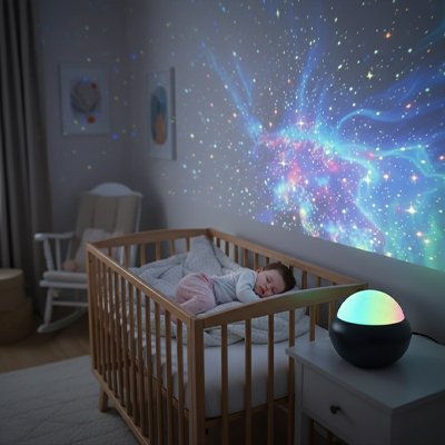 Veilleuse projection sur table de chevet dans chambre bébé dort paisiblement - Apaisante